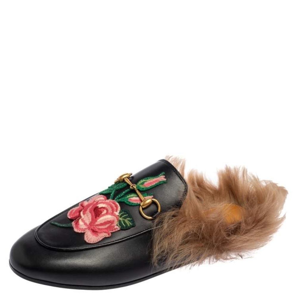 New Gucci Princetown Horsebit fur Mules Lined black Embroidered Flower size 35 - Picture 4 of 14